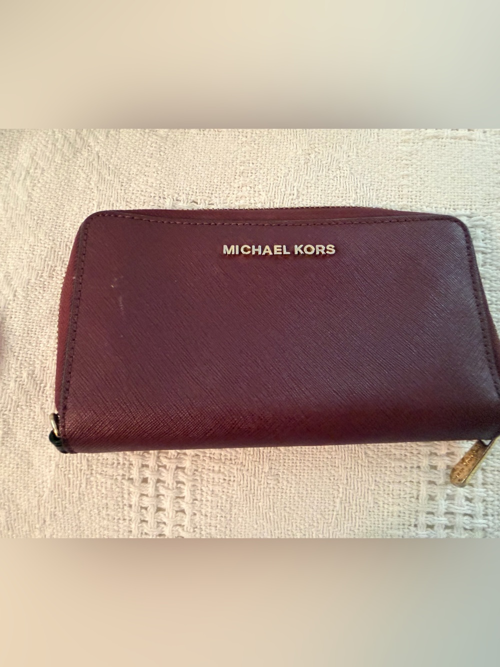 Michael Kors Wine Saffiano Leather Wallet with Gold Logo